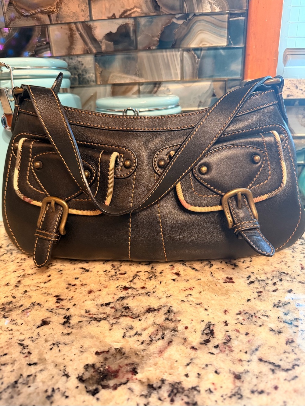 Vintage Burberry Black Leather Shoulder Bag